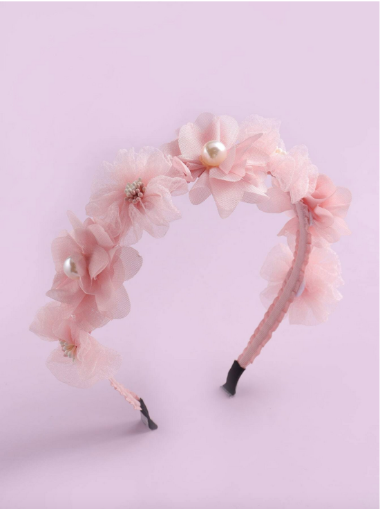 różowa opaska dla dziewczynki, opaska do włosów z kwiatami, opaska komunijna, ozdoba na głowę dla dziecka, opaska z perłami, elegancka opaska na uroczystość, opaska na wesele