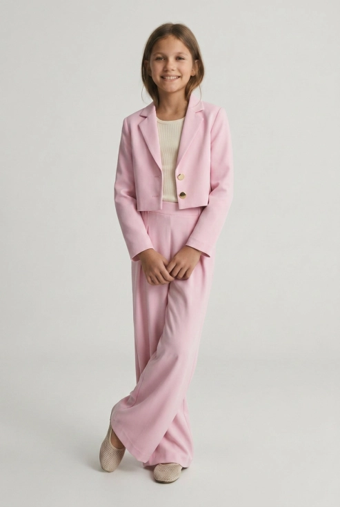 komplet Emi różowy dla dziewczynki, elegancki komplet dziewczęcy marynarka i spodnie, różowy dziecięcy komplet wizytowy na komunię i wesele, ZOYA Fashion Emi